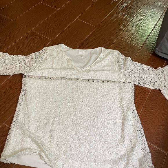 Dress Barn white circle lace blouse size XL spandex quarter bell ruffle sleeves - Picture 6 of 12